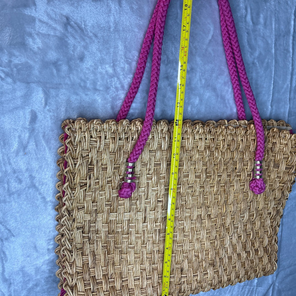 Vintage Magid Straw Wicker Woven Tote Bag Magenta Strap Beach Made in Italy - Picture 11 of 12